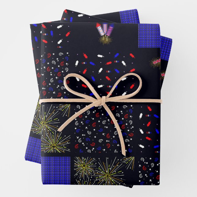 Fourth of July Patchwork Pattern - July 4th Wrapping Paper Sheet (In situ)
