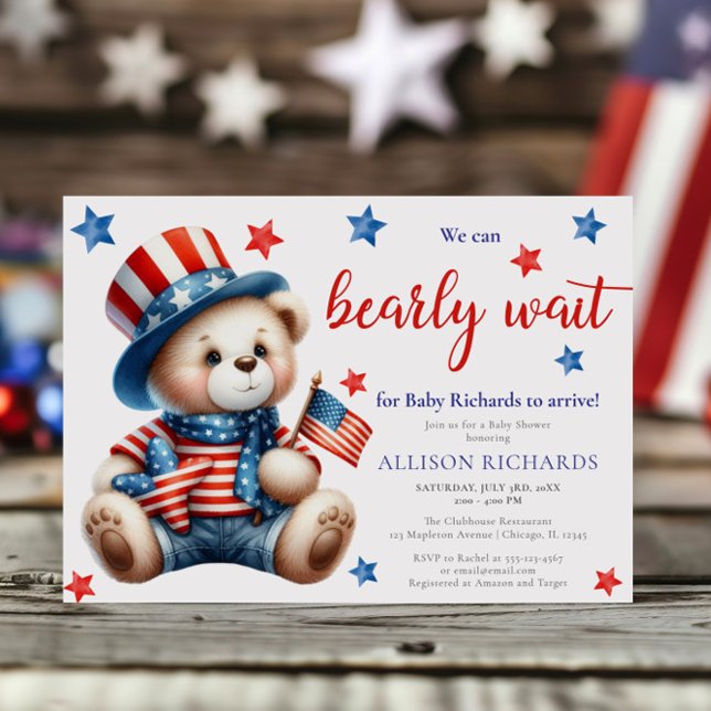 Fourth of July patriotic bearly wait baby shower Invitation (Creator Uploaded)