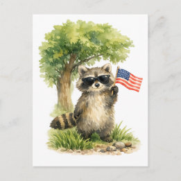 Fourth of July Patriotic Racoon Holding Flag Postcard
