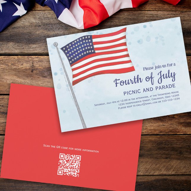 Fourth of July Patriotic Red White an Blue Flag Invitation (Fourth of July party invitation with red, white, and blue flag. )