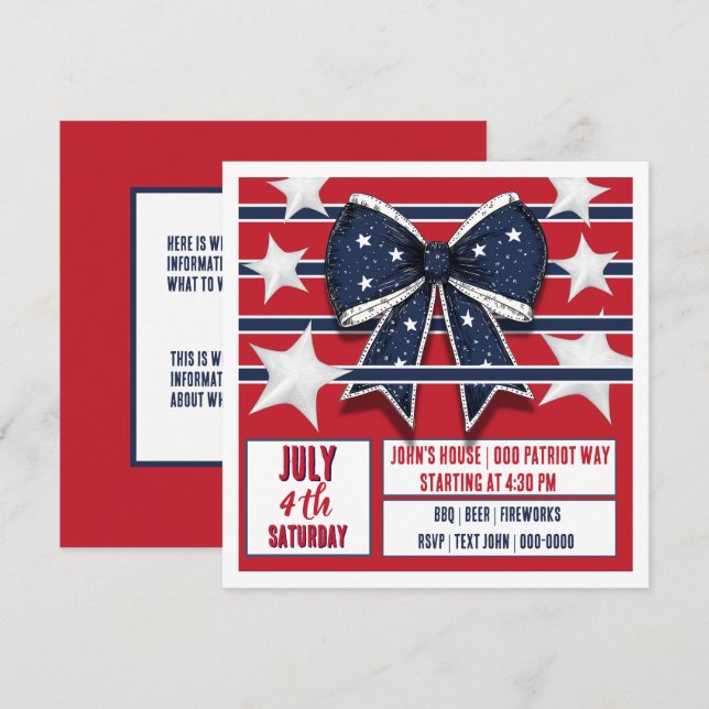 Fourth of July Patriotic Red White Blue Invitation (Front/Back)