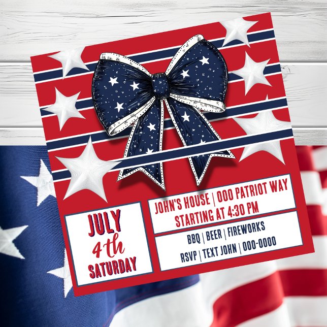 Fourth of July Patriotic Red White Blue Invitation (Happy Fourth of July party invitation with coquette bow and stars and stripes. )