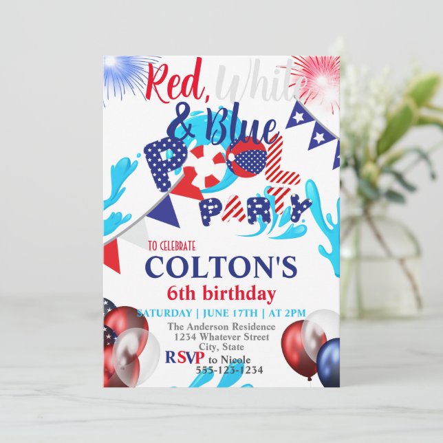 Fourth of July Pool Birthday Party Custom Invitation (Standing Front)