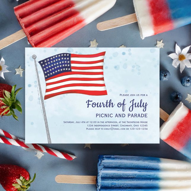 Fourth of July Red White and Blue Flag Invitation (Celebrate the Fourth of July in Style with this watercolor custom invitation. )