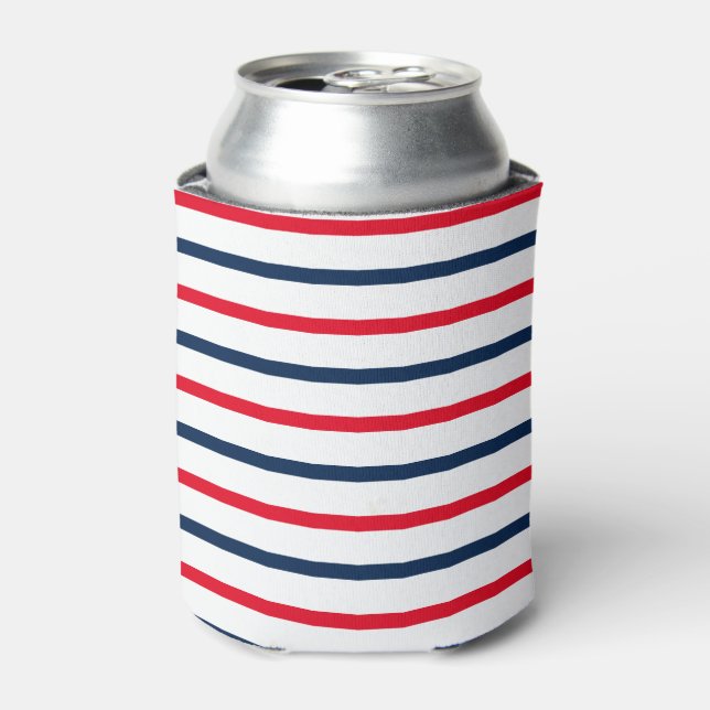 Fourth of July red white blue stripes patriotic Can Cooler (Can Front)