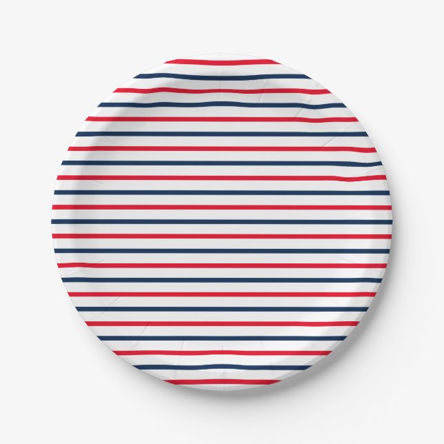 Fourth of July red white blue stripes patriotic Paper Plate (Front)