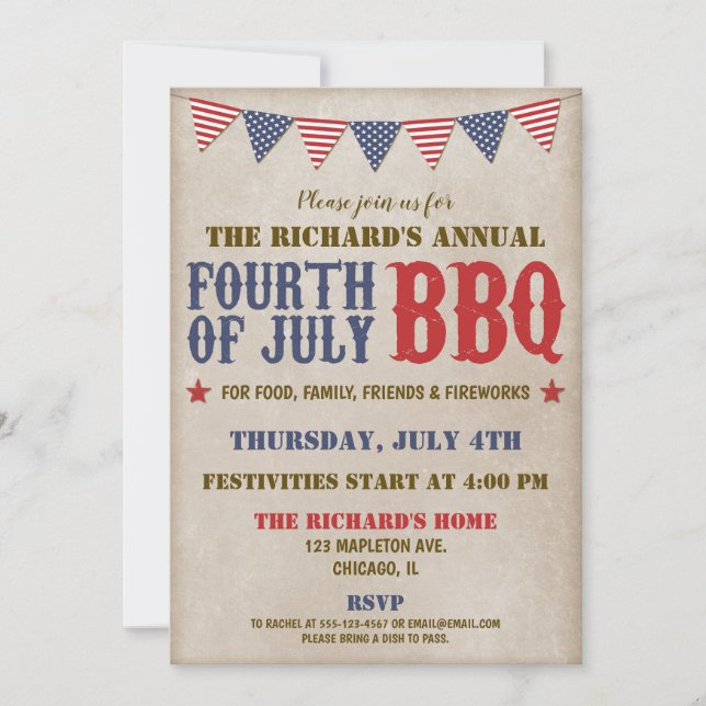 Fourth of July rustic red white blue fireworks Invitation (Front)