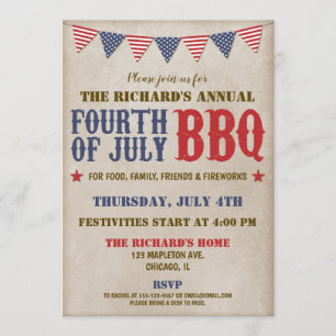Fourth of July rustic red white blue fireworks Invitation