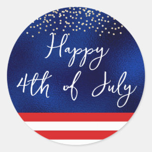 Fourth of July Script American Flag on Blue Foil Classic Round Sticker