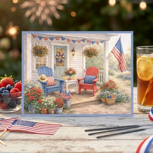 Fourth Of July Summer Porch Floral Watercolor Art Postcard