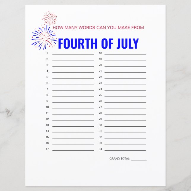"Fourth of July" Word Maker Game (Front)