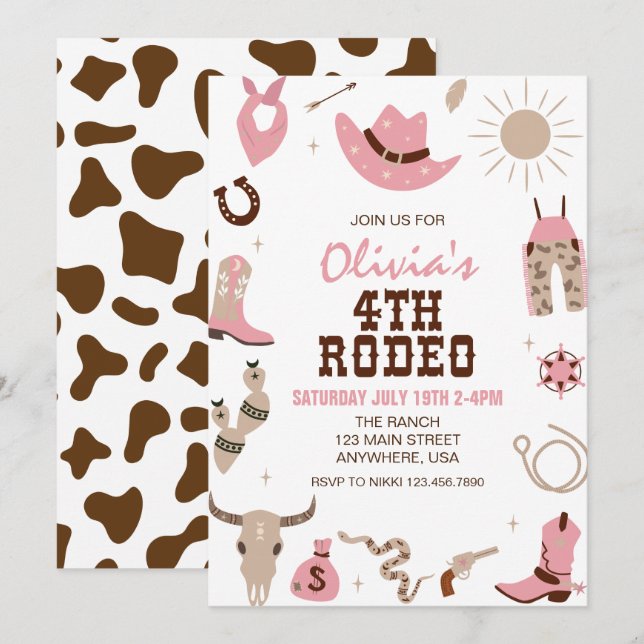 Fourth Rodeo Pink Western 4th Birthday Invitation (Front/Back)