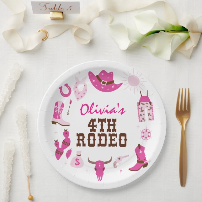 Fourth Rodeo Pink Western Cowboy 4th Birthday Paper Plate (Wedding)