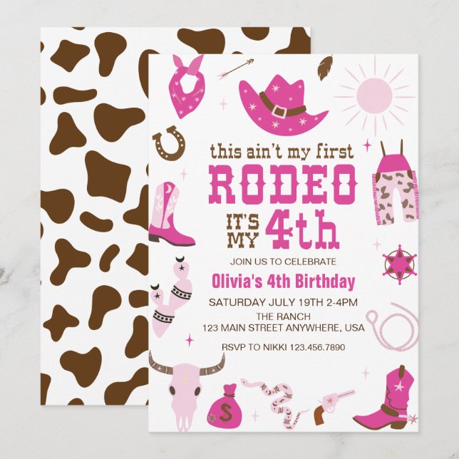 Fourth Rodeo Western Cowgirl 4TH Birthday Invitation (Front/Back)