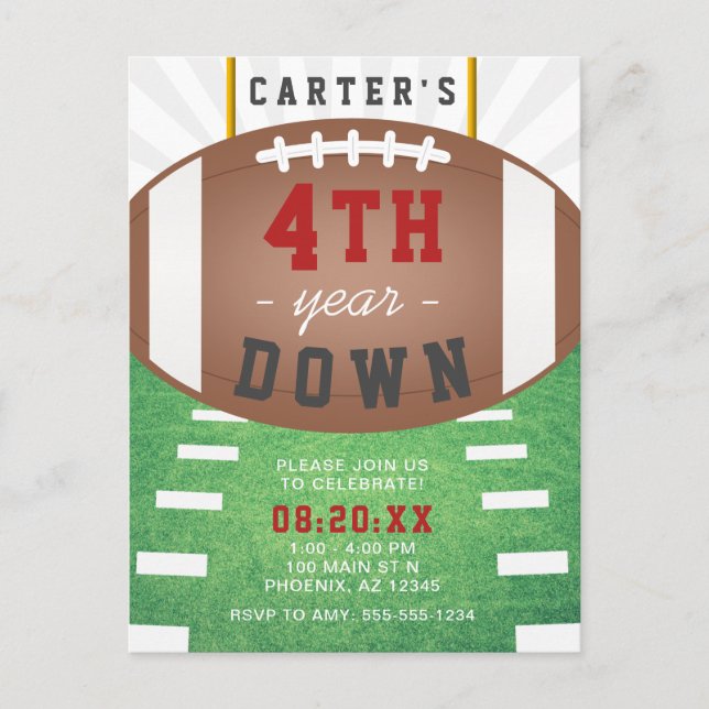 Fourth Year Down Football Theme 4th Birthday Invitation Postcard (Front)