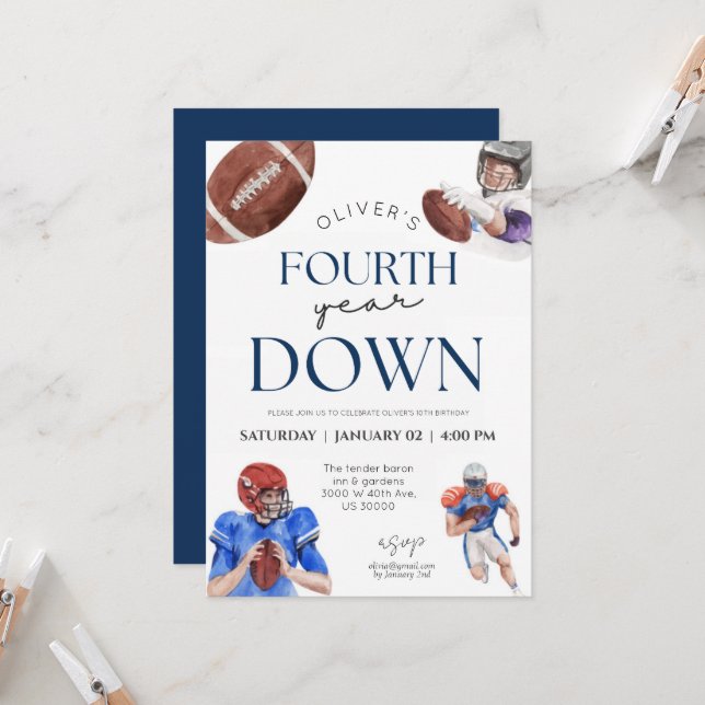 Fourth year down football theme boy 4th birthday invitation (Front/Back In Situ)