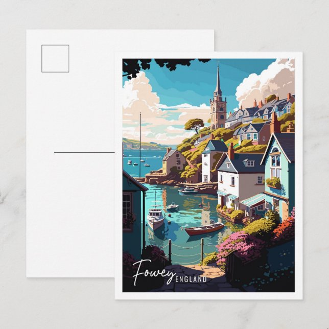 Fowey England Art vintage travel illustration Postcard (Front/Back)