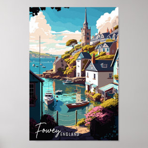 Fowey England Art vintage travel illustration Poster