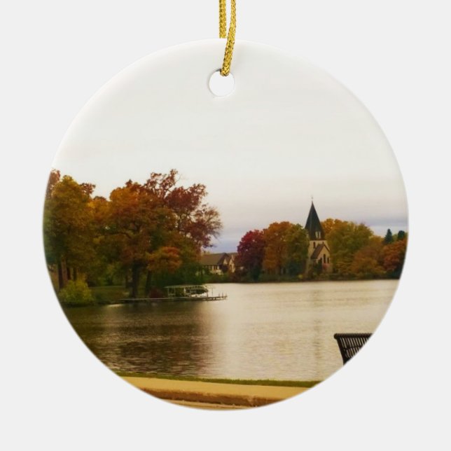 Fowler Lake in Autumn, WI Ceramic Tree Decoration (Front)