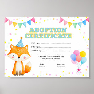 Fox adopt a pet certificate editable poster