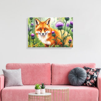 Fox Among Purple Thistle Flowers Watercolor Canvas Print
