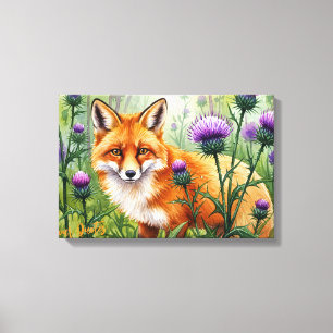 Fox Among Purple Thistle Flowers Watercolor Canvas Print