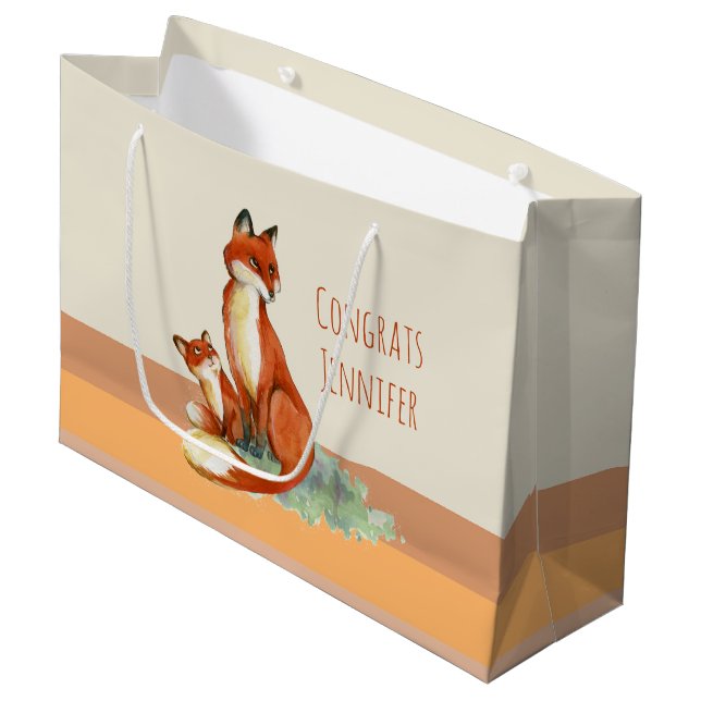 Fox and Baby Watercolor Illustration Congrats Large Gift Bag (Front Angled)