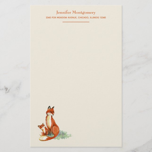 Fox and Baby Watercolor Illustration Personalised Stationery (Front)
