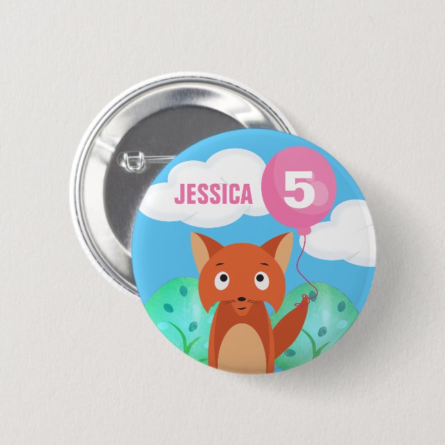 Fox and Balloon Kids Personalised Birthday Any Age 6 Cm Round Badge (Front & Back)