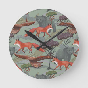 Fox and bear green round clock