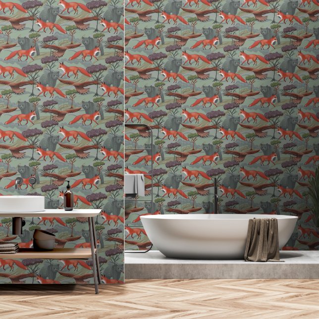Fox and bear green wallpaper (Bathroom)