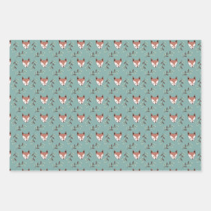 Fox and berries in teal wrapping paper sheet