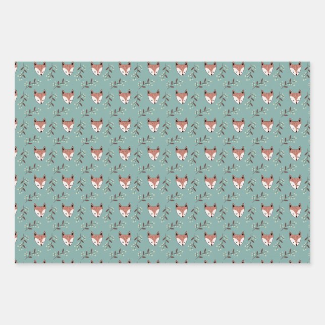 Fox and berries in teal wrapping paper sheet (Front)