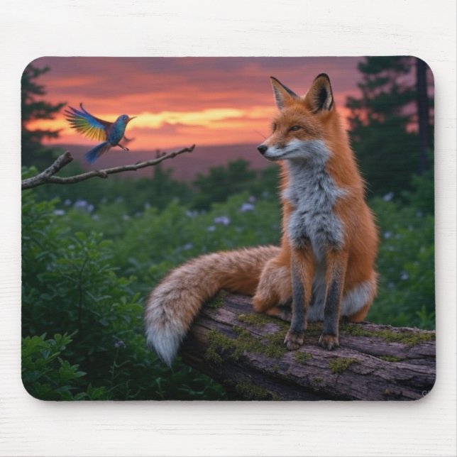 Fox and Bird at Sunset in Forest Scene Mouse Mat (Front)