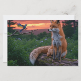 Fox and Bird at Sunset in Forest Scene with Quote Stationery
