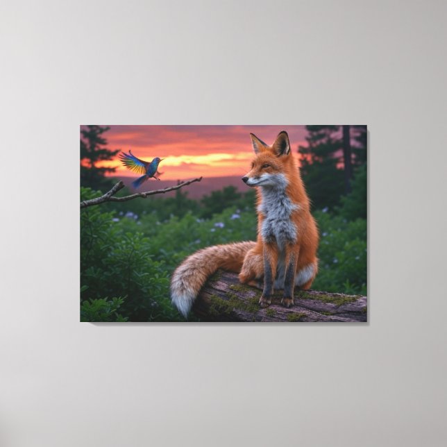 Fox and Bird at Sunset – Tranquil Forest Canvas Print (Front)