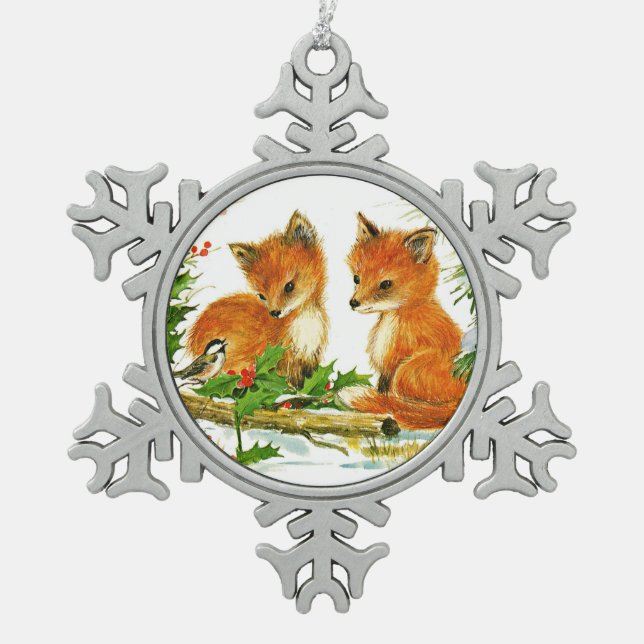 Fox and Bird Enjoy Christmas Snow Snowflake Pewter Christmas Ornament (Front)