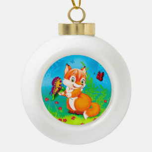 fox and butterfly ceramic ball christmas ornament