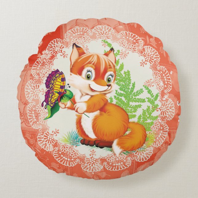 fox and butterfly pattern round cushion (Front)
