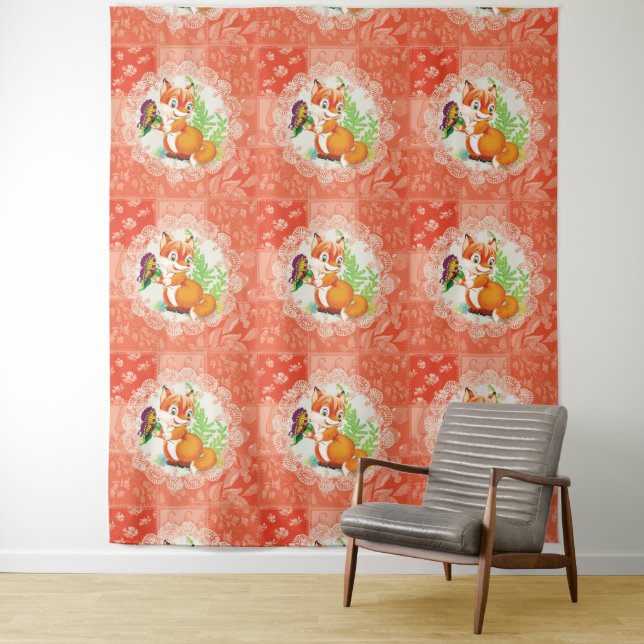 fox and butterfly pattern tapestry (In Situ)
