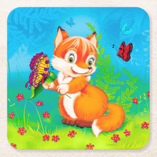 fox and butterfly square paper coaster