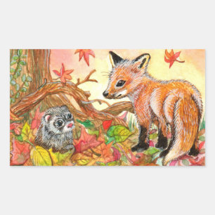 Fox and Ferret in Autumn Leaves Rectangular Sticker