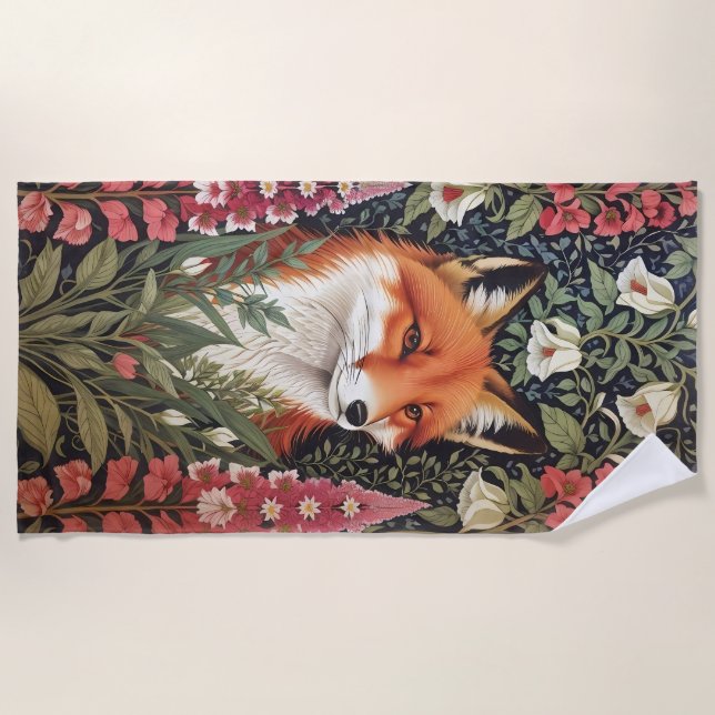 Fox and Foxglove Flowers William Morris Inspired Beach Towel (Front)