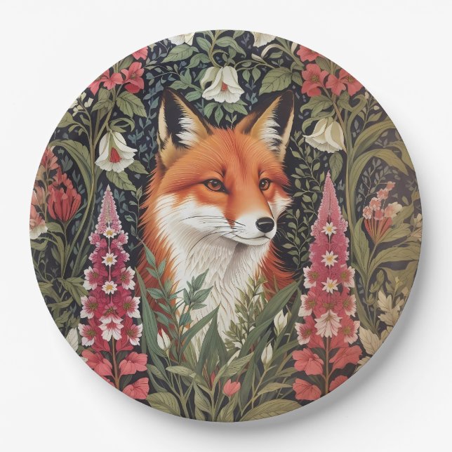 Fox and Foxglove Flowers William Morris Inspired Paper Plate (Front)