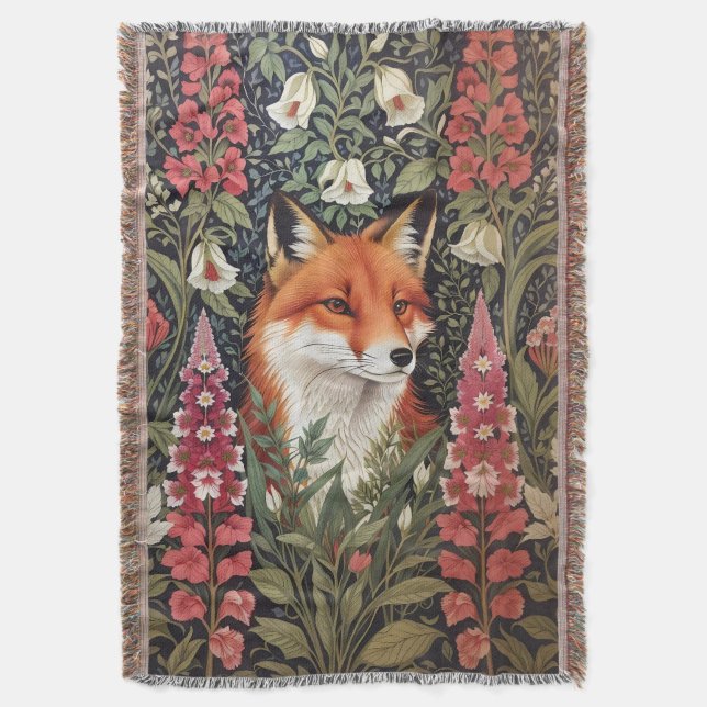 Fox and Foxglove Flowers William Morris Inspired Throw Blanket (Front Vertical)