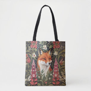 Fox and Foxglove Flowers William Morris Inspired Tote Bag