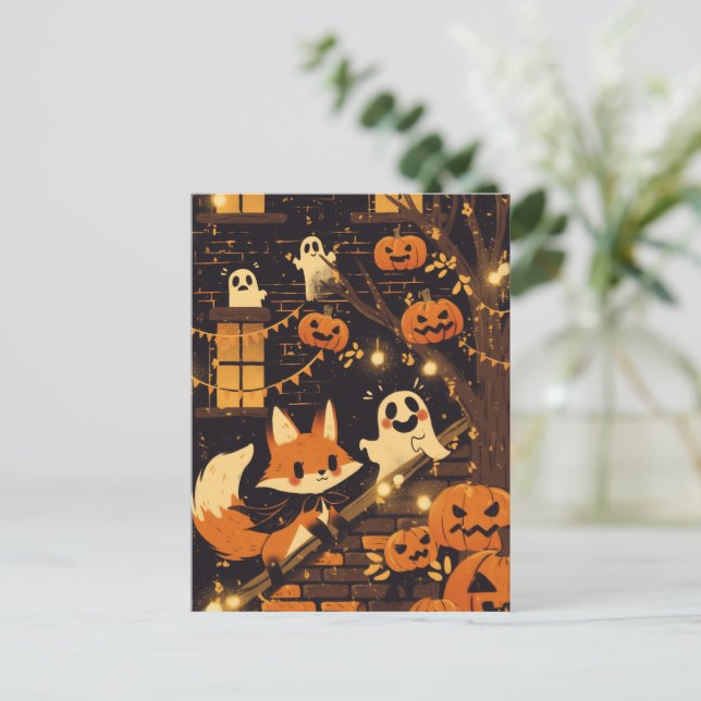 Fox and Friendly Ghosts on Halloween Night Holiday Postcard (Standing Front)