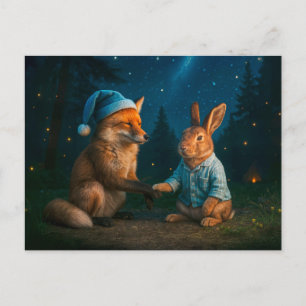 Fox and Hare Say Goodnight in Forest Holiday Postcard