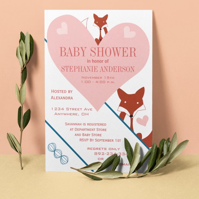 Fox and Hearts Baby Girl Shower Invitations (Creator Uploaded)