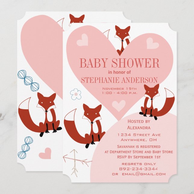 Fox and Hearts Baby Girl Shower Invitations (Front/Back)